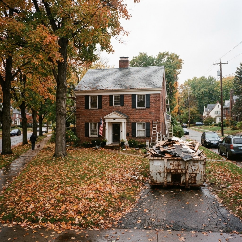 Classic Ann Arbor Michigan colonial home with a renovation dumpster in the driveway