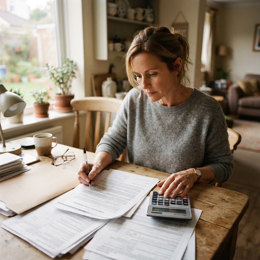 Homeowner reviewing home equity loan documents and a calculator at a kitchen table
