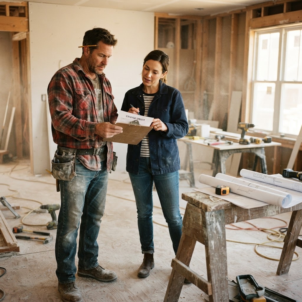 Contractor and homeowner reviewing a change order document on a job site