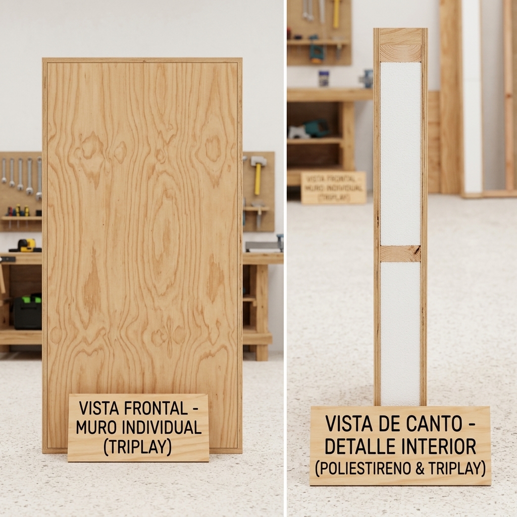 Detalle de muro: triplay y poliestireno