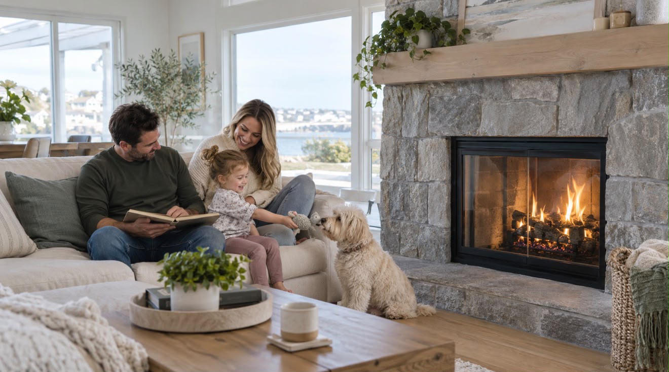 A family relaxing in a bright living room beside a stone-veneer fireplace
