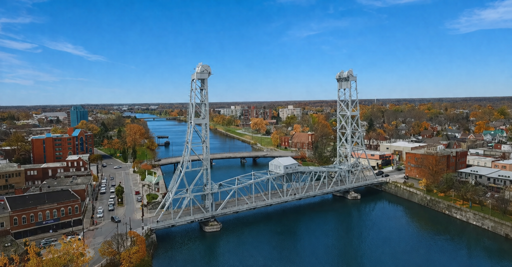 Welland vertical-lift bridge over the river