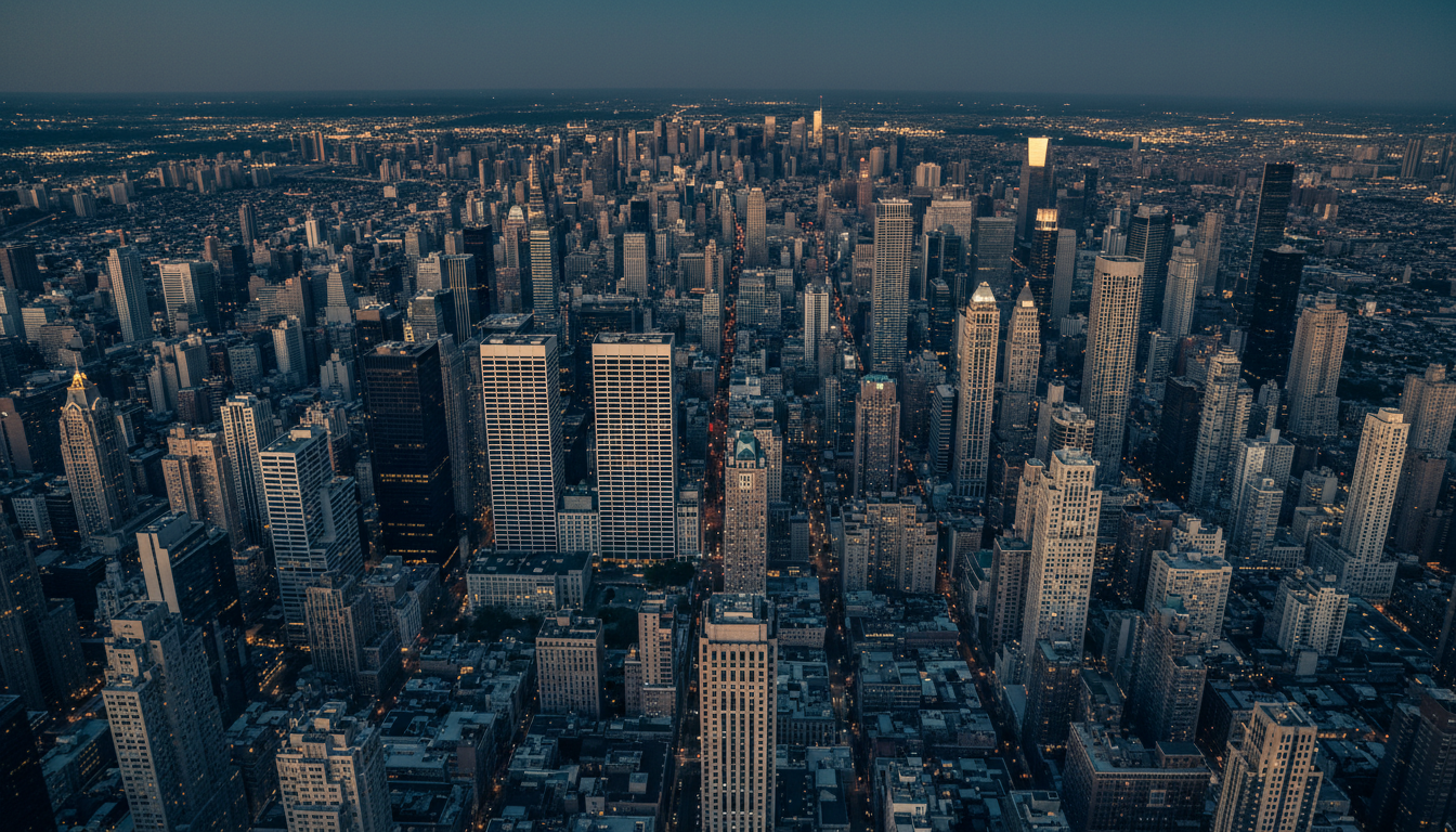 Global metropolis at dusk with golden light