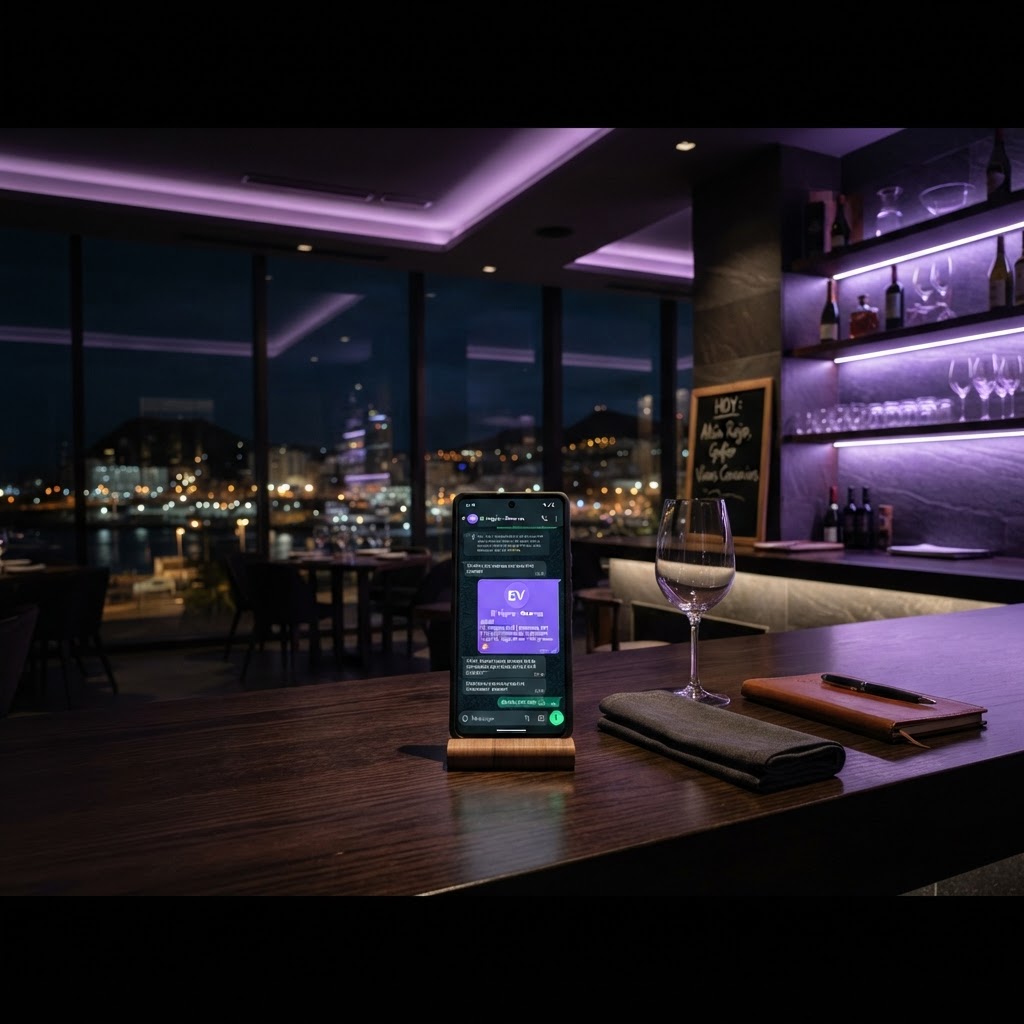 Agente de IA para restaurantes en Las Palmas de Gran Canaria: WhatsApp con confirmación automática de reserva en pantalla, interior nocturno de restaurante con luz violeta