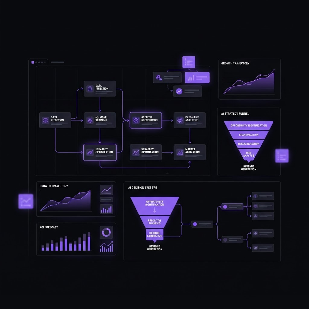 Interfaz abstracta estilo Dark-Mode Tech con accesorios purpura: diagrama de flujo de estrategia de IA para empresas en Las Palmas de Gran Canaria