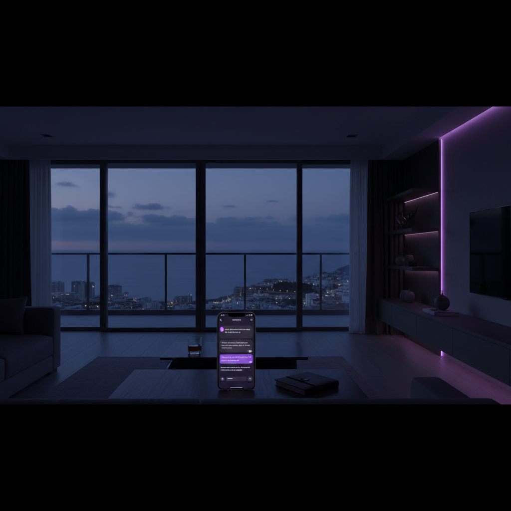 Agente de IA respondiendo en segundos a leads inmobiliarios en Las Palmas de Gran Canaria — apartamento moderno con vistas al Atlántico gestionado con inteligencia artificial