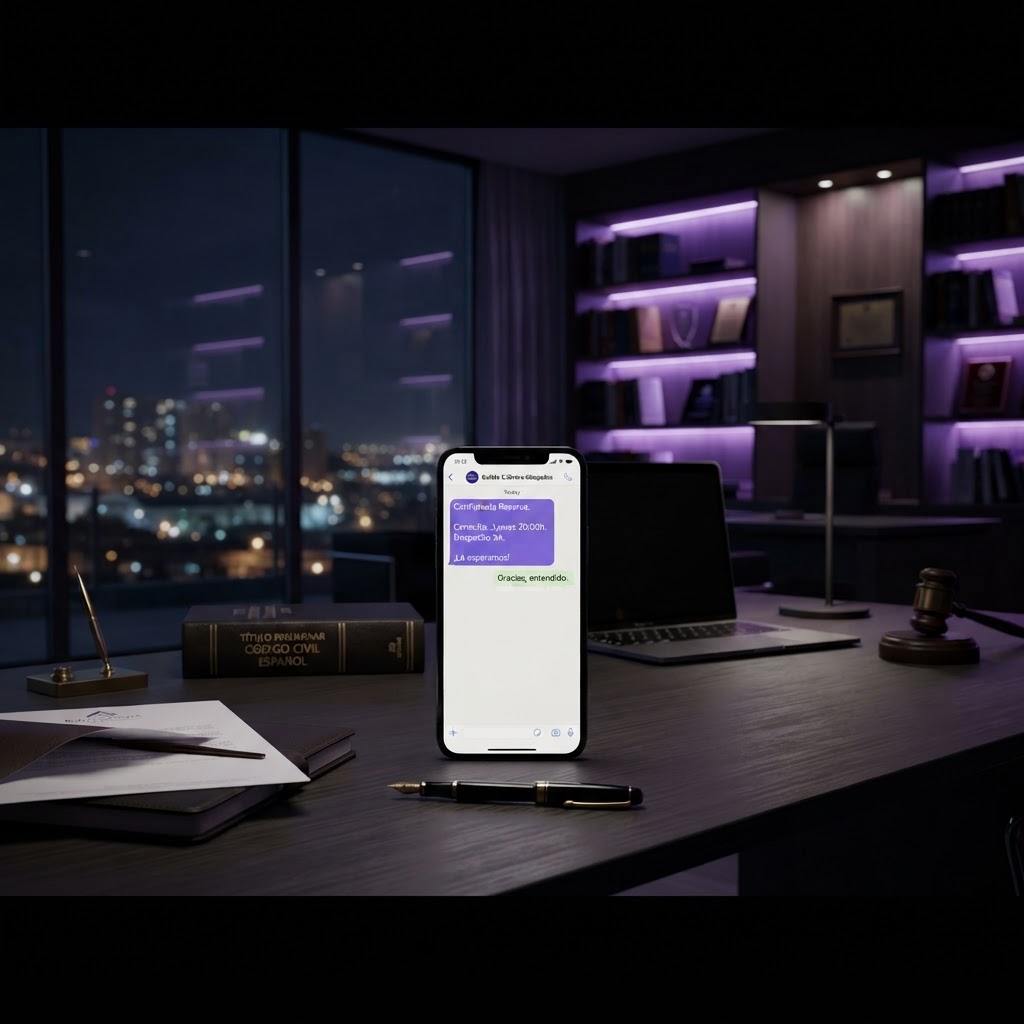 Agente de IA para abogados en Las Palmas de Gran Canaria: WhatsApp con confirmación automática de consulta en pantalla, despacho de abogados nocturno con luz violeta