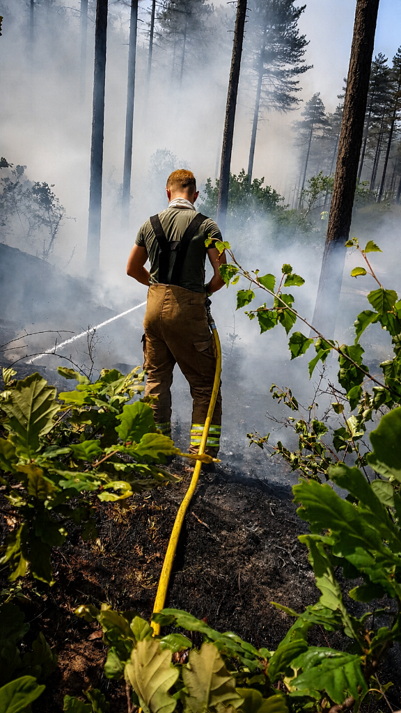 A firefighter deploys a high pressure hose reel deep into smoke-filled woodland to attack the fire at source.