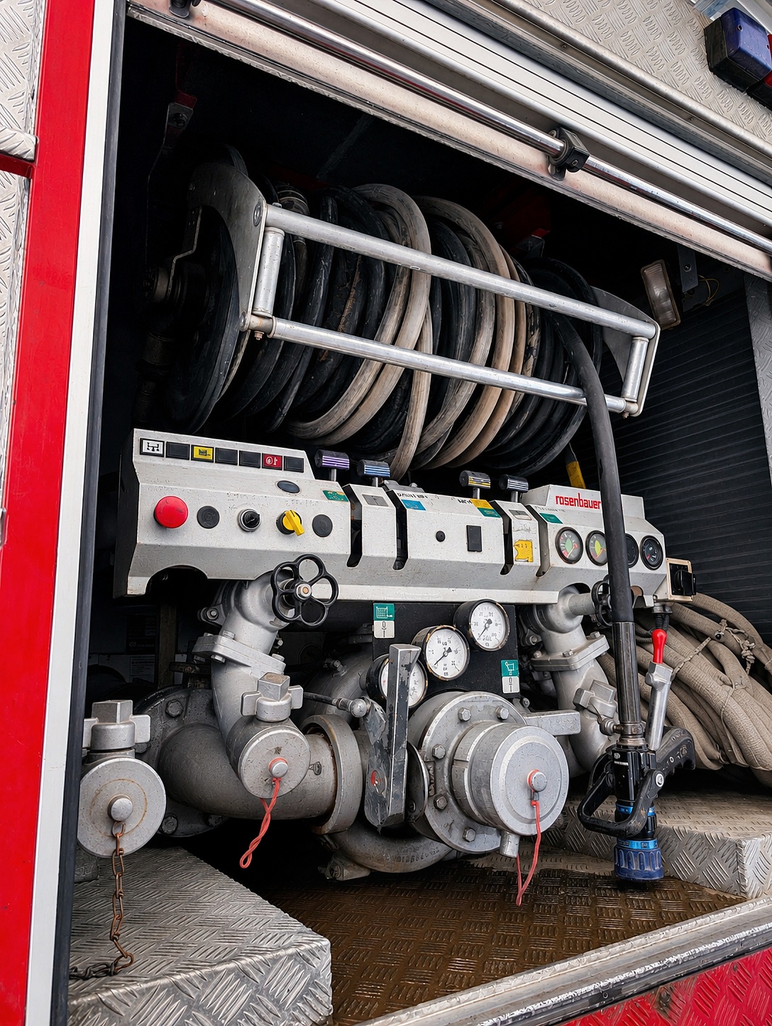 Rosenbauer pump panel and hose reel inside the Peyia appliance's locker.