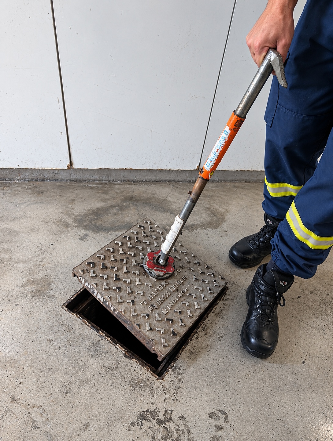 The Italifter magnetic cover lifter in use — lifting an underground hydrant cover cleanly, no prying needed.