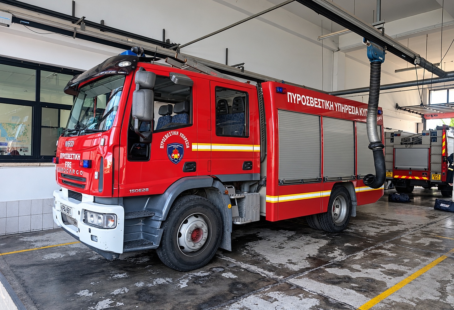 The Iveco 150E Eurocargo — Paphos's first pumping appliance and the station's long-serving workhorse.