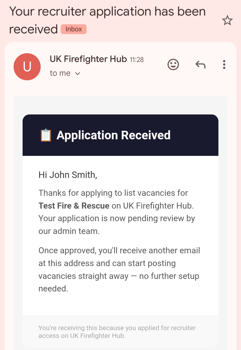 'Application Received' confirmation email