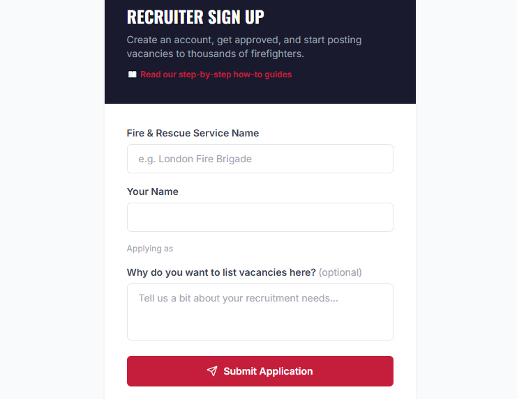 Sign-up form with service name, contact name, email, password
