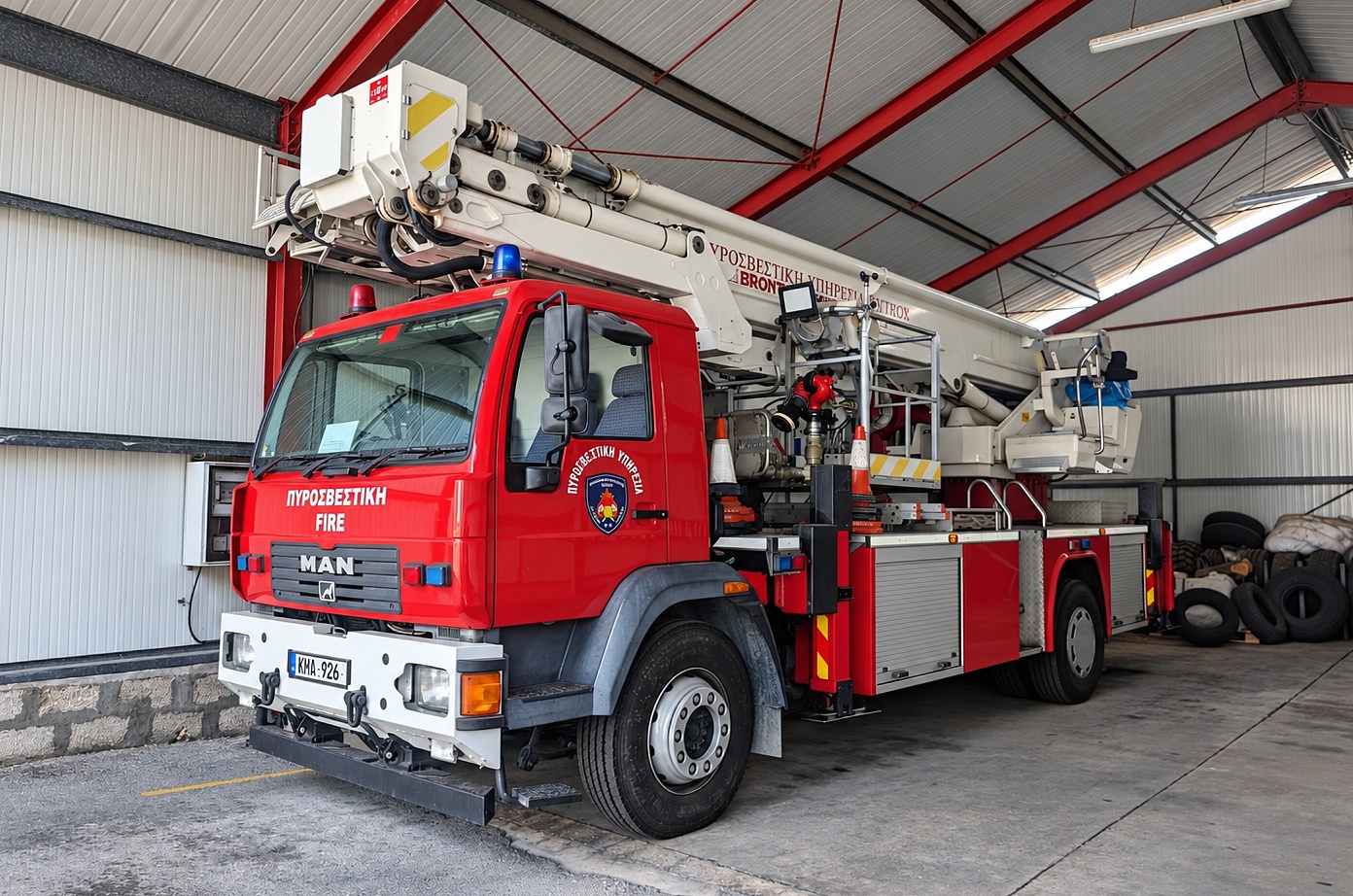 Paphos's MAN Aerial Ladder Platform, fitted with Bronto Skylift booms for high-reach rescues across the city.