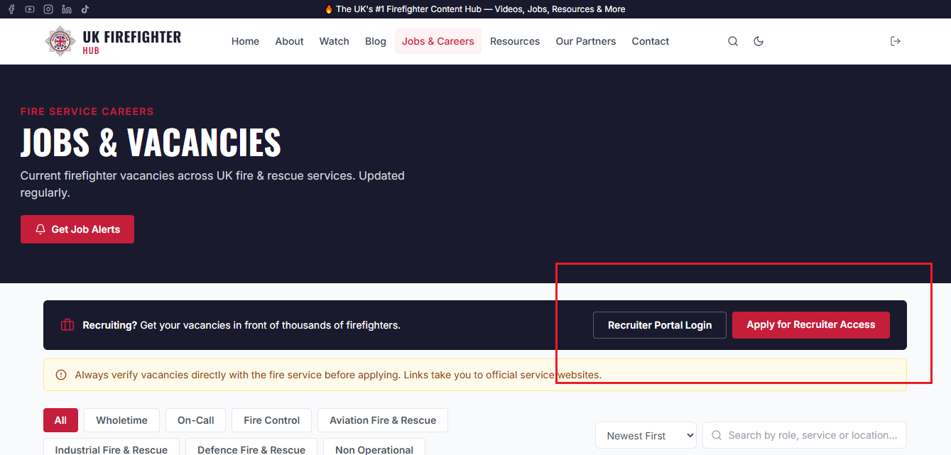 Jobs page → 'Apply for Recruiter Access' button