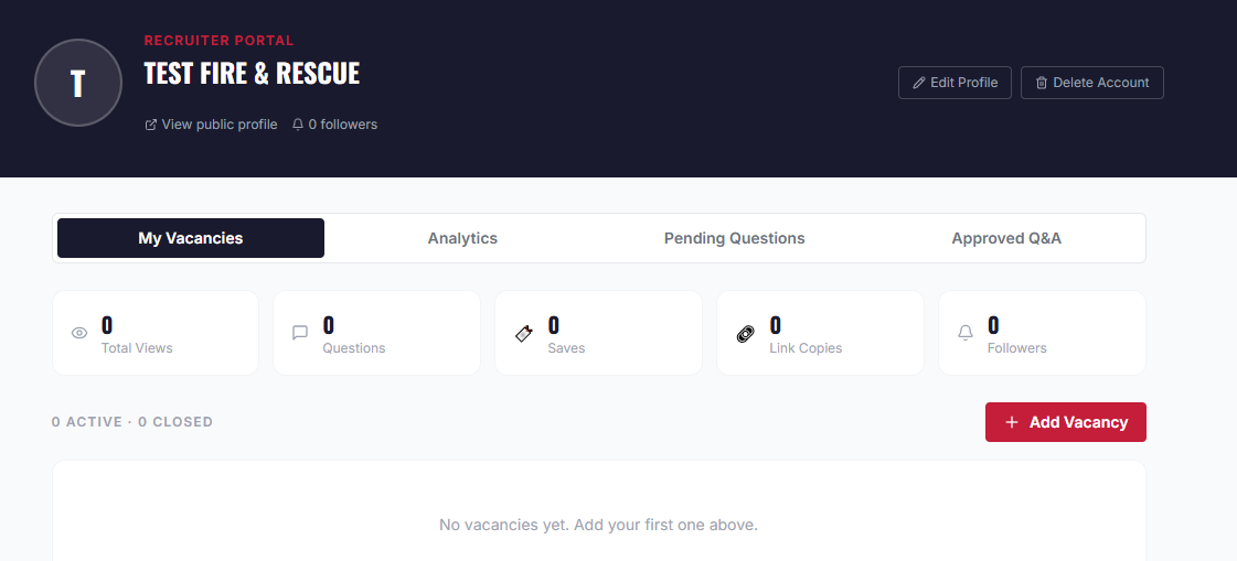 Empty Recruiter Portal dashboard
