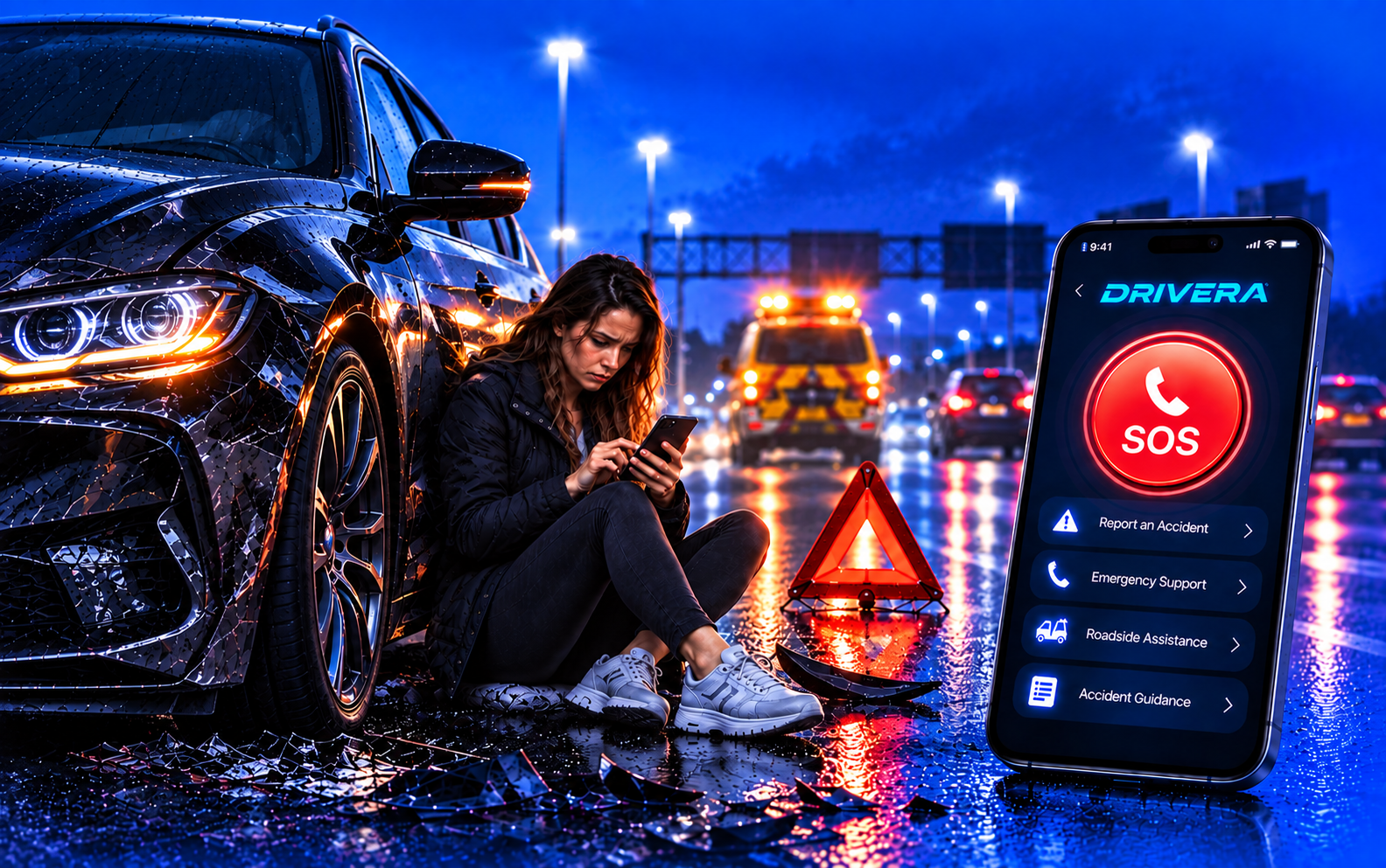 Drivera accident and emergency support — a driver in distress at the roadside using the SOS feature on the Drivera app