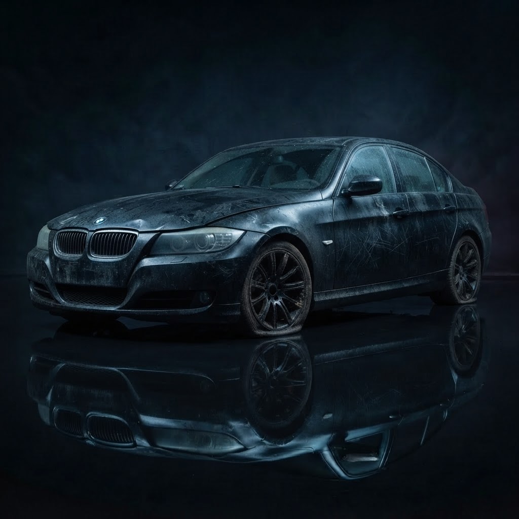 A rundown, neglected BMW 3 Series E90 forgotten and unloved without Drivera service history