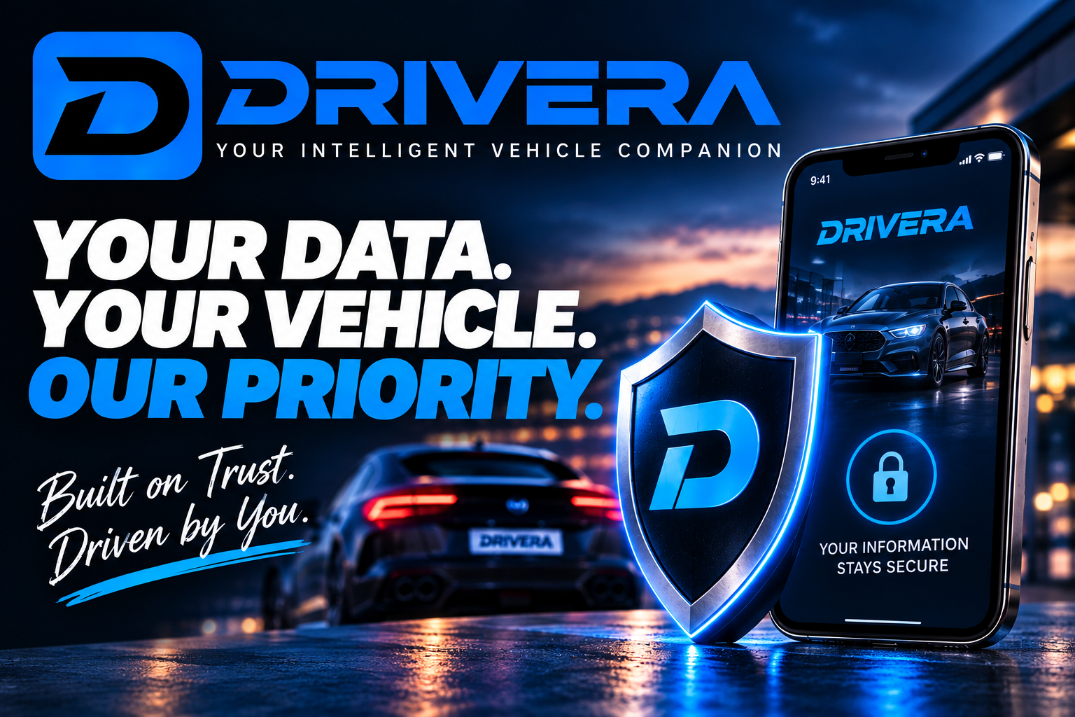 Drivera keeps your vehicle data secure with bank grade encryption and a glowing shield of trust