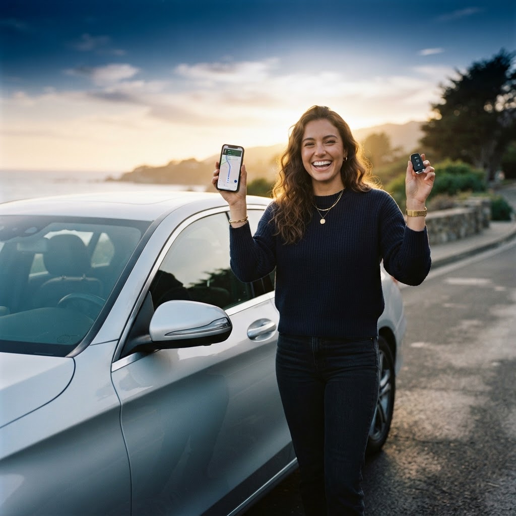 Confident UK car owner protected by Drivera intelligent vehicle shield smiling beside a clean car