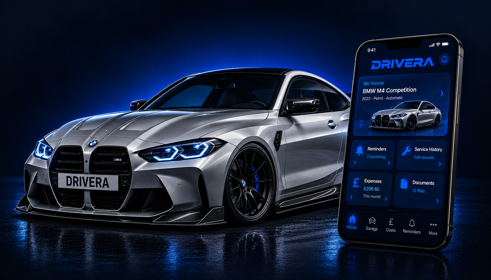 Drivera intelligent vehicle companion dashboard displayed on mobile phone beside silver BMW M4