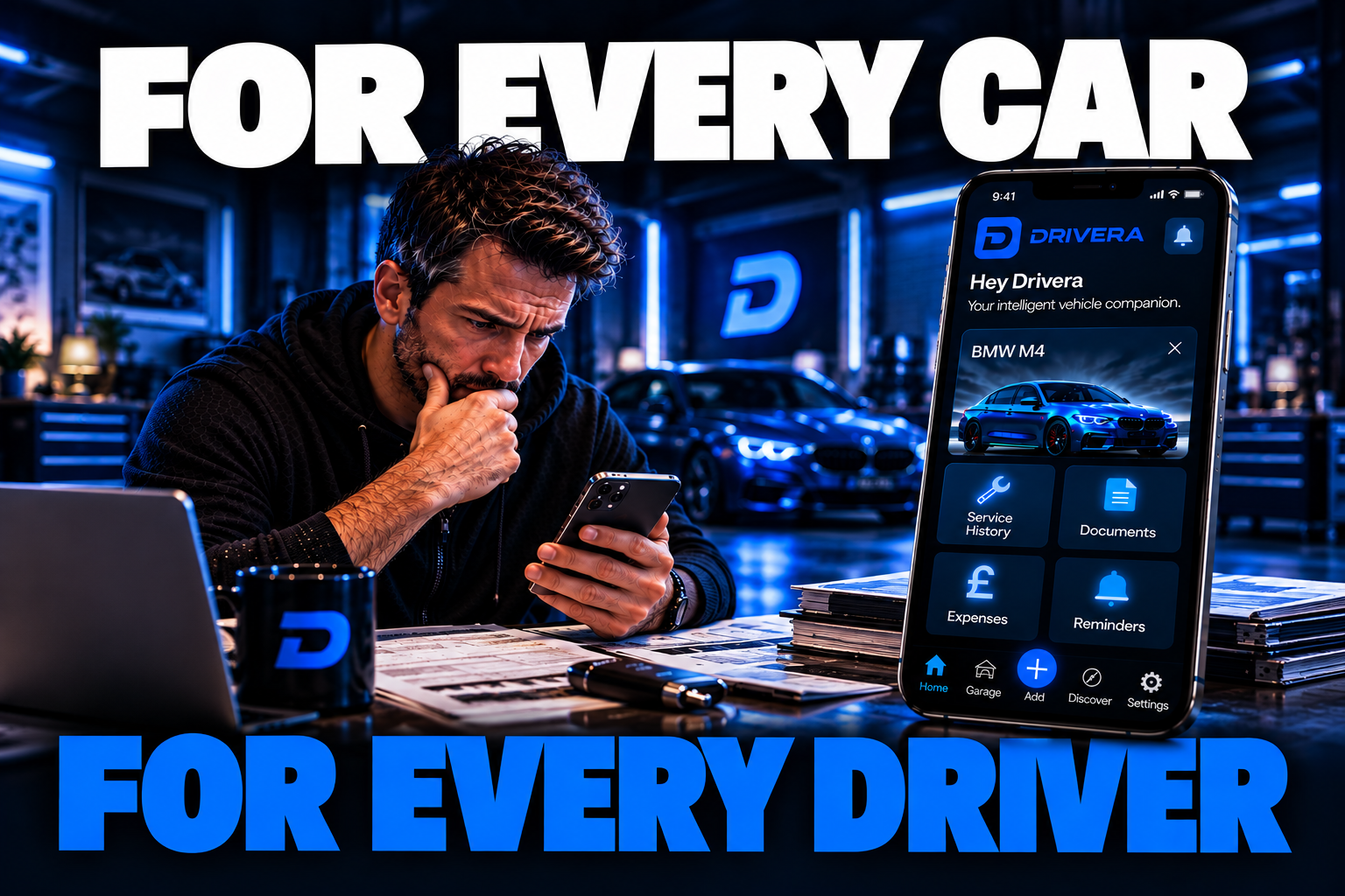 A driver studying the Drivera app on his phone at a workshop desk — illustrating how most UK motorists cannot access their vehicle's digital service history