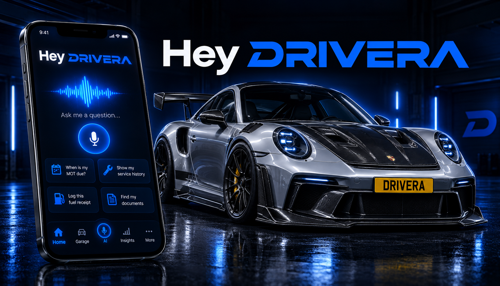 Drivera Hey Drivera AI assistant answering vehicle service and maintenance questions on a smartphone