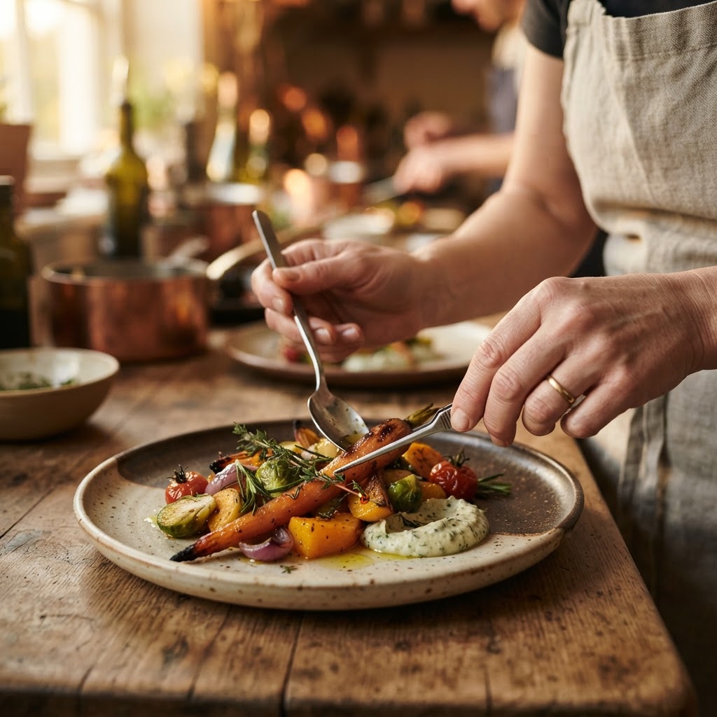 Hands plating a warm vegetable dish