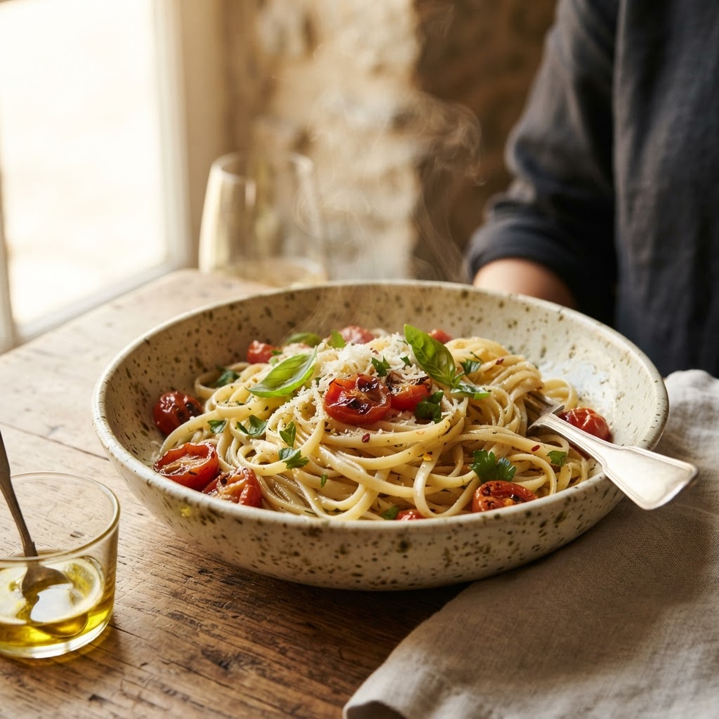 A rustic bowl of linguine with fresh herbs