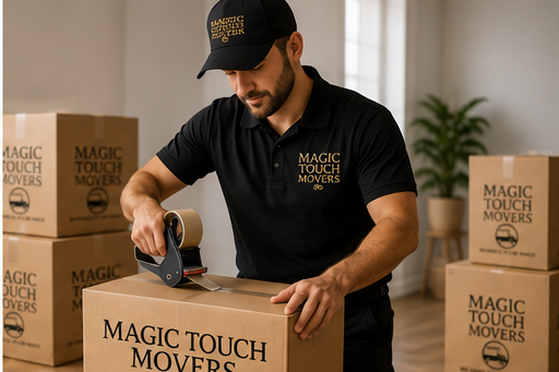 Magic Touch Mover sealing a branded moving box with a tape dispenser