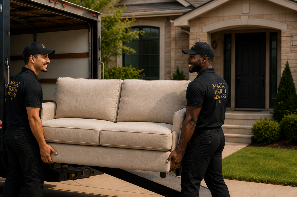 Magic Touch Movers crew carrying a sofa out of the moving truck
