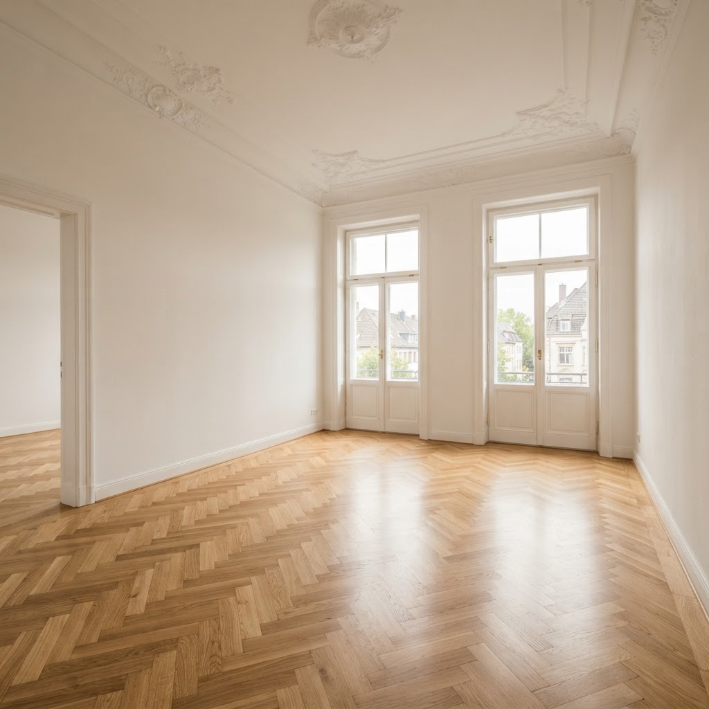 Besenrein geräumter Altbauraum in Düsseldorf