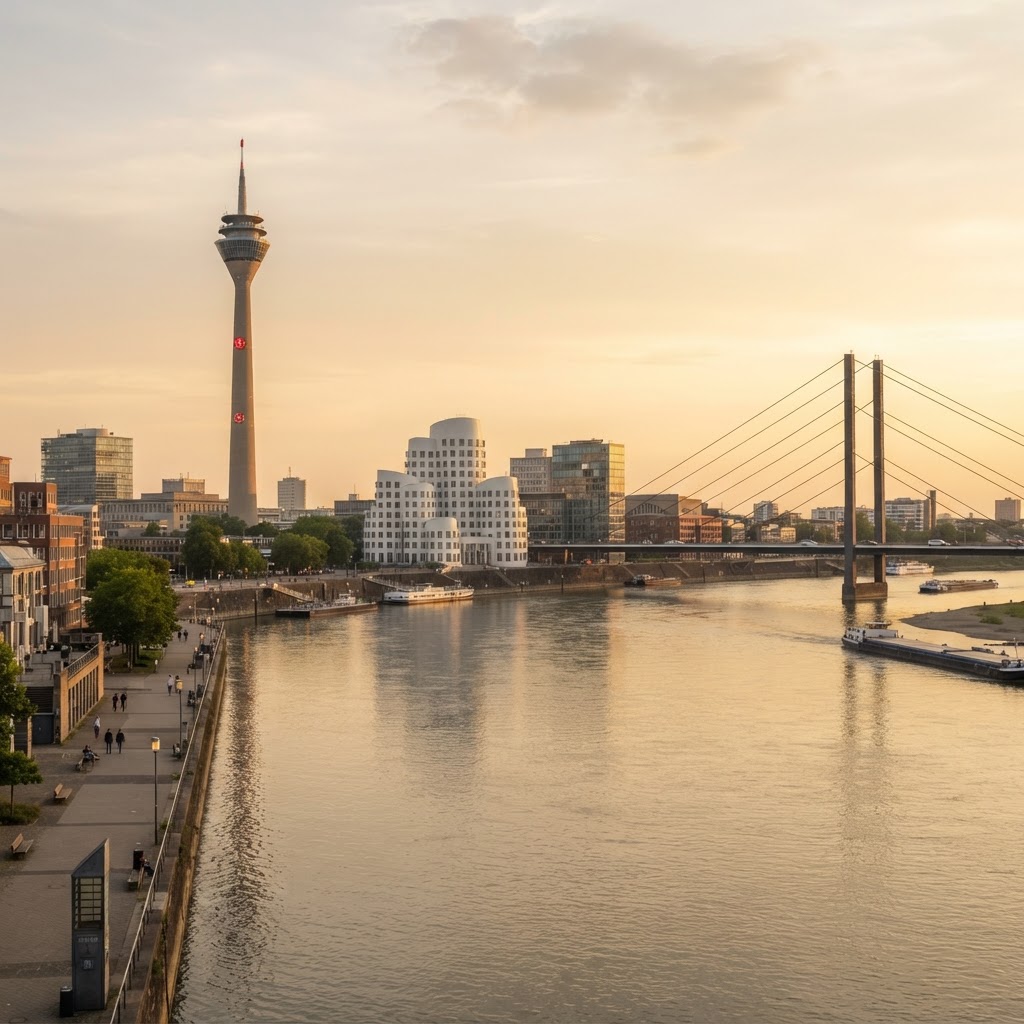 Düsseldorfer Skyline am Rhein mit Rheinturm und Medienhafen