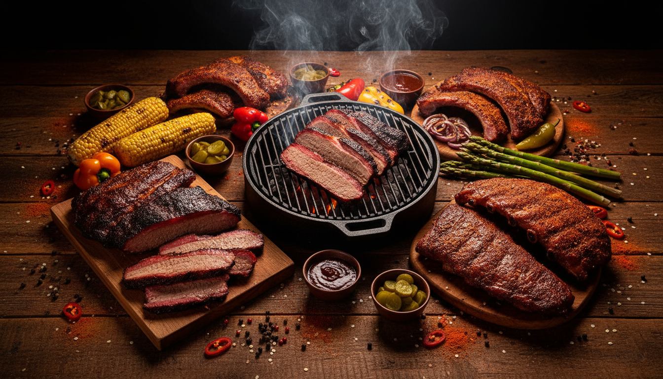 Texas BBQ spread with smoked meats and spices