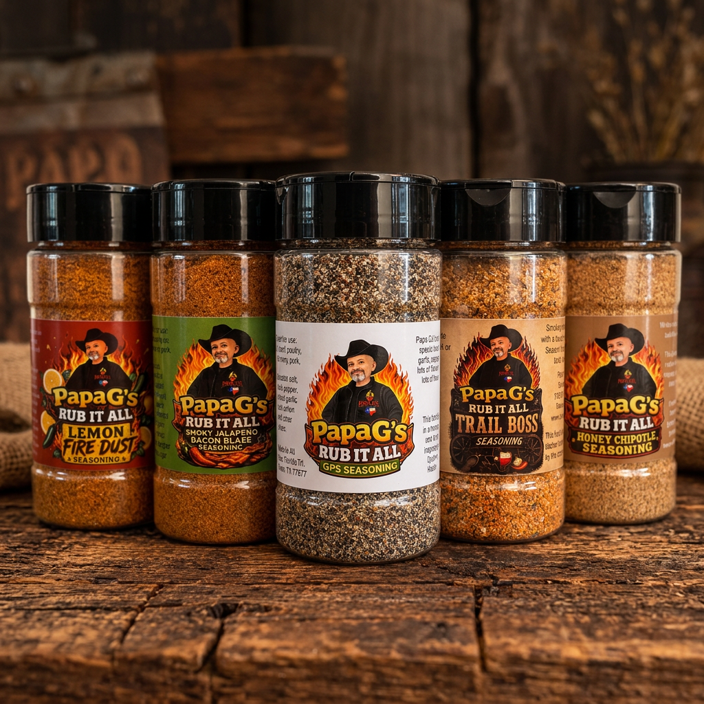 Papa G's Rub It All seasonings on the shelf at BBQ Grill People in Magnolia, Texas
