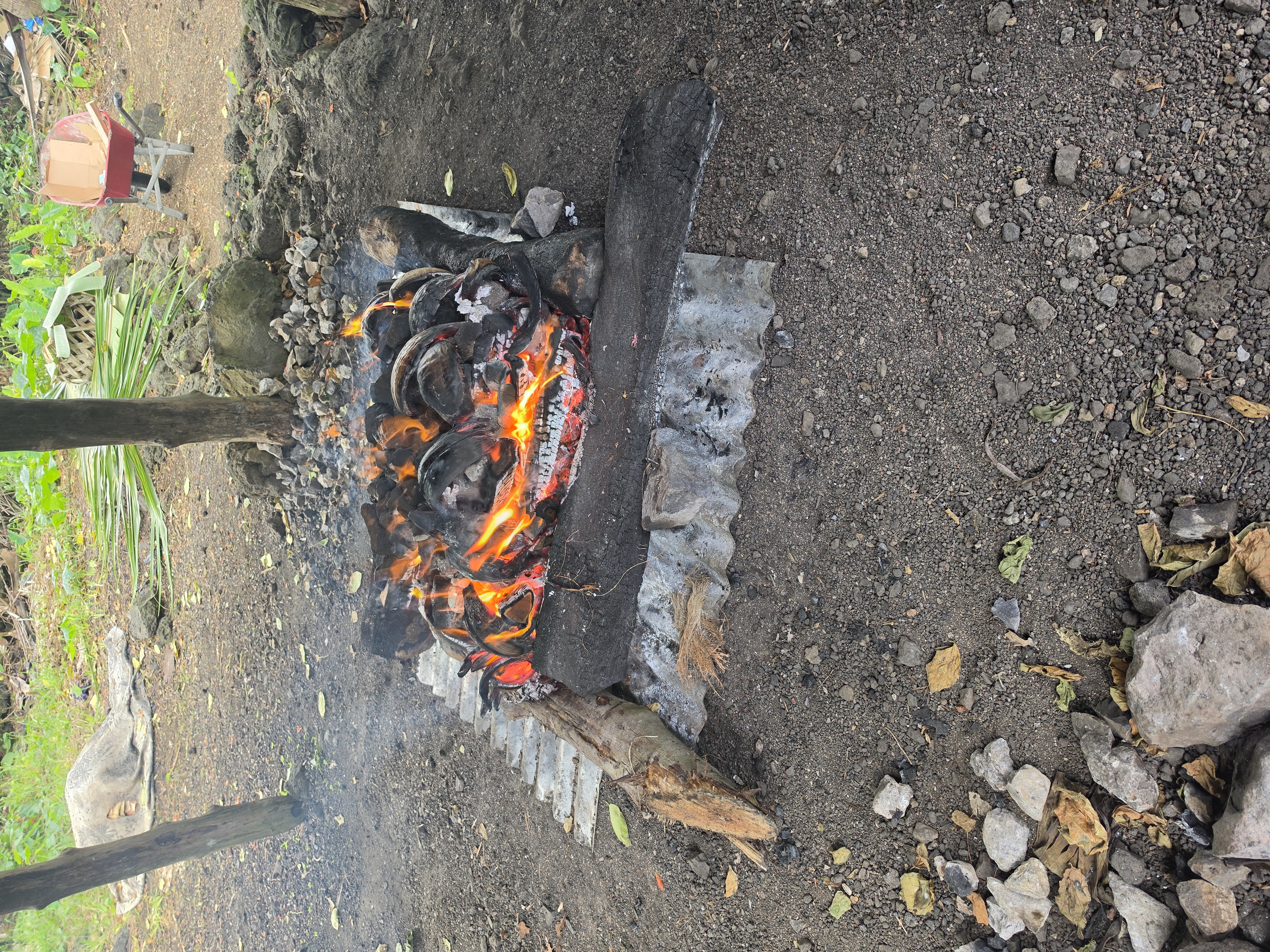 Umu fire being lit for the Sunday To'ana'i at Taufua Beach Fales, Lalomanu