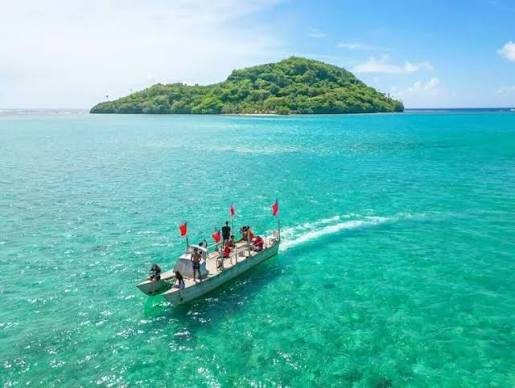 Namua Island seen across the channel from Lalomanu Beach, Samoa