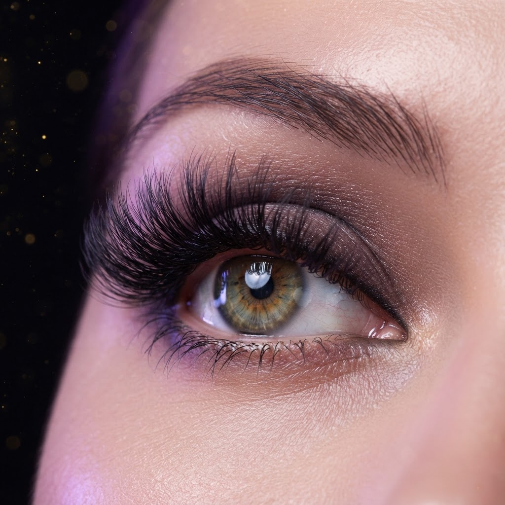 Dramatic volume wispy lash style on an eye
