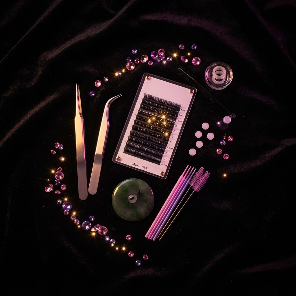 Lash application tools laid out on black velvet with crystals