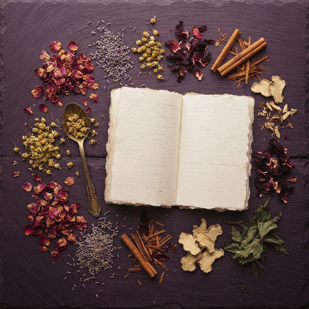 Botanical ingredients flat lay with journal