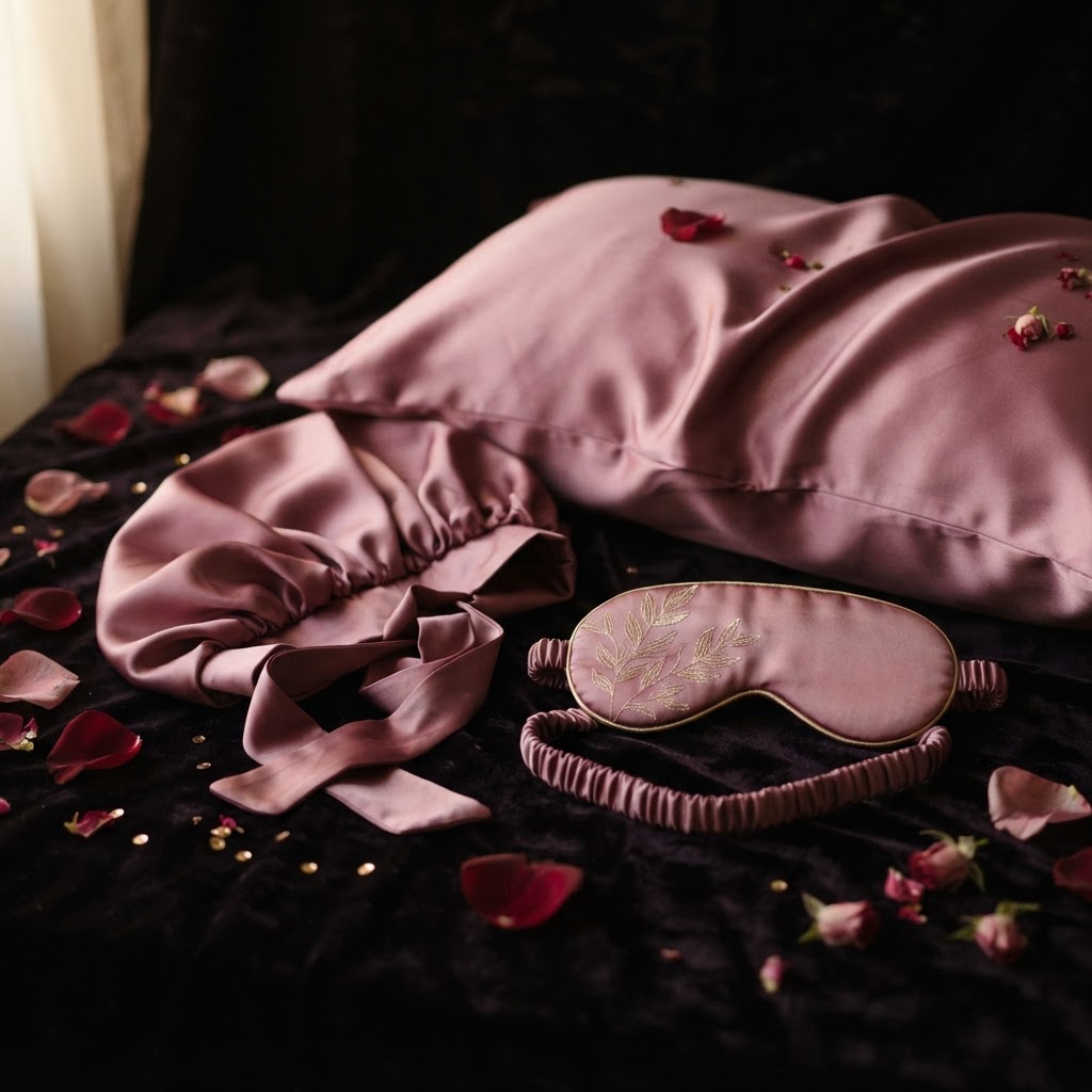 Plum satin pillowcase, bonnet and sleep mask