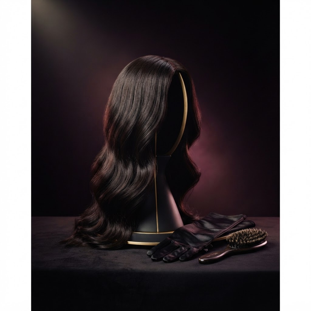 Wigs and hair collection on a stand