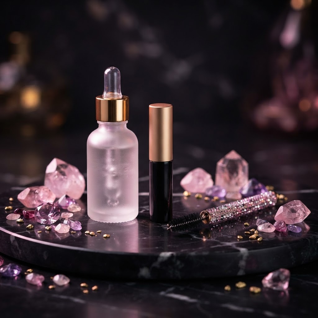 Serum, lash glue and beauty essentials with crystals