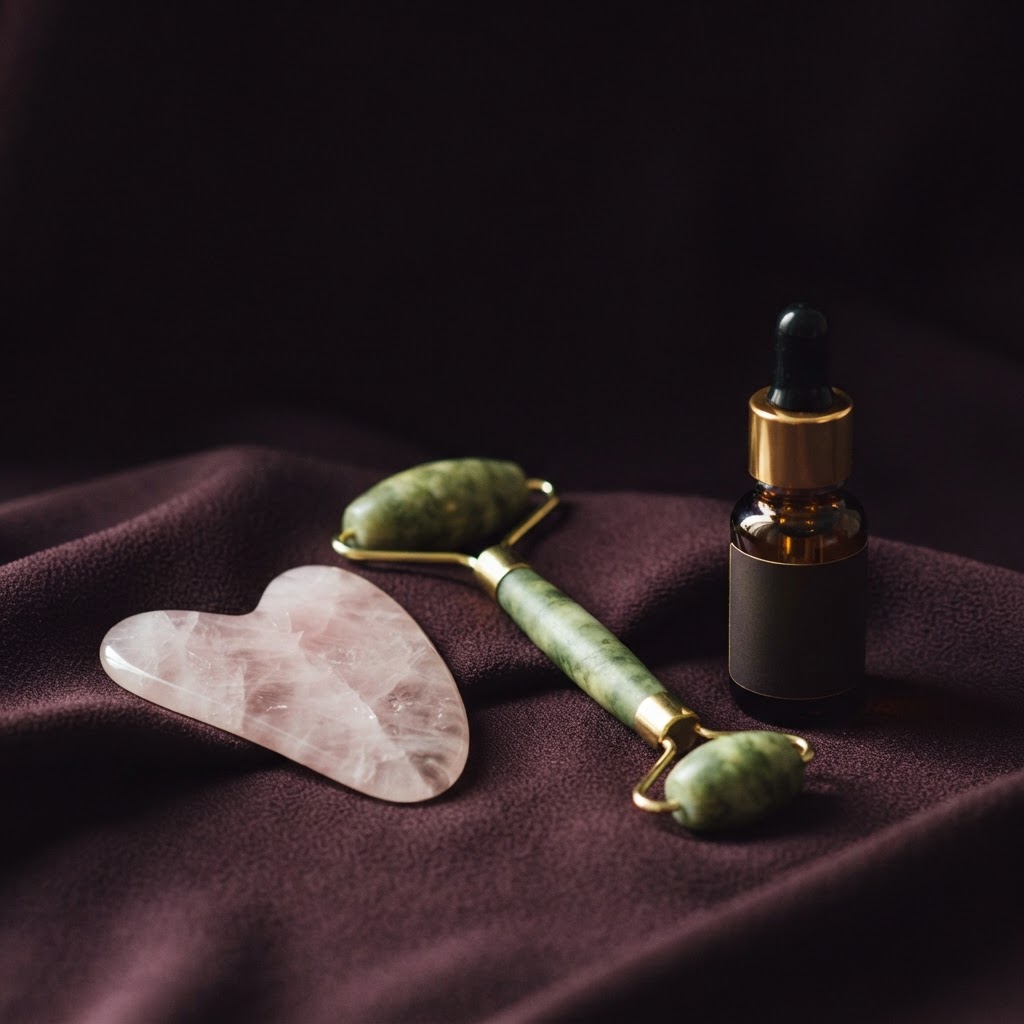Gua sha stone and facial roller with oil