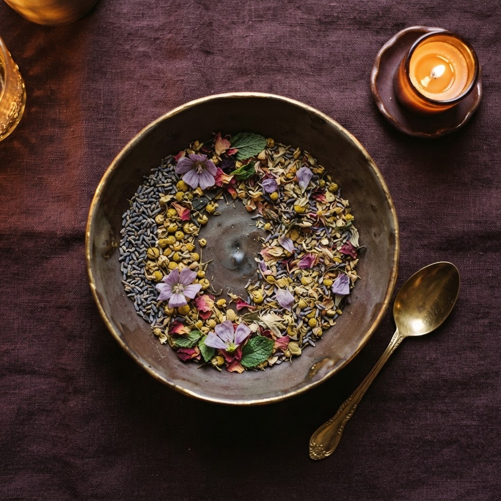 Calm Queen tea blend — lavender and chamomile on dark plum