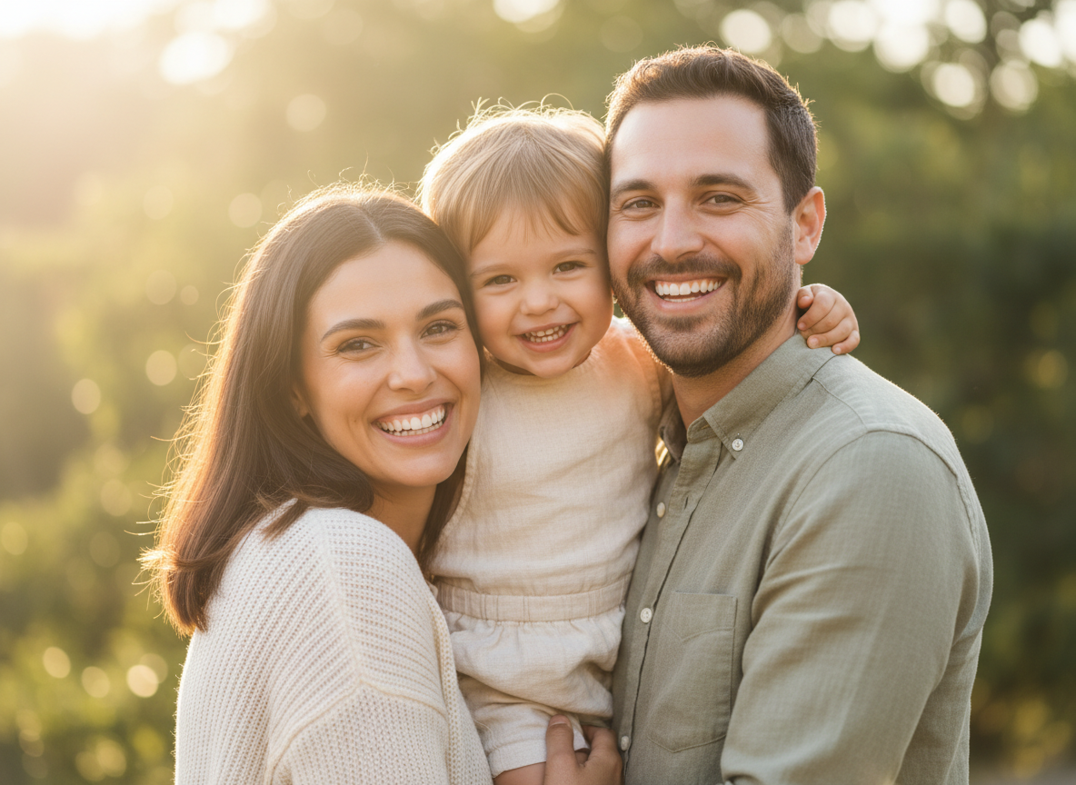 A family smiling together in warm sunlight