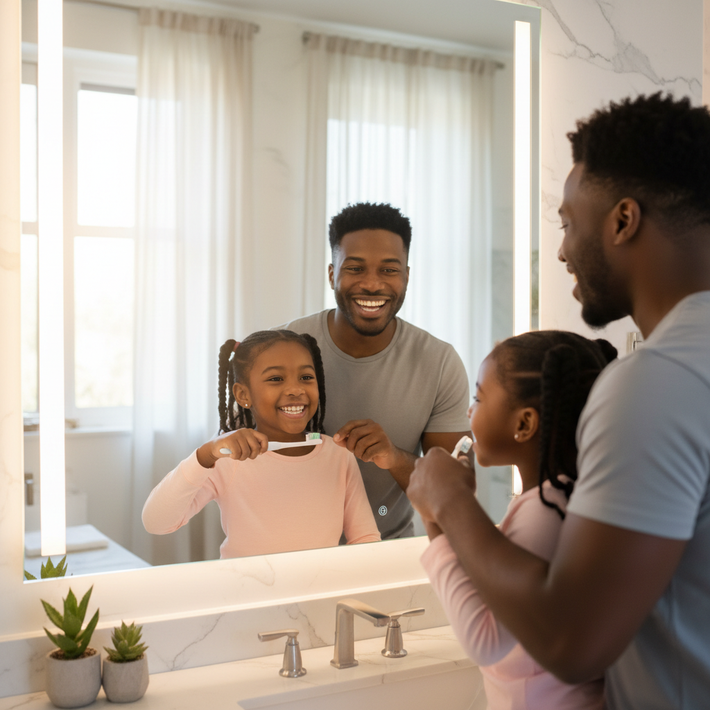 Father and daughter brushing teeth together and smiling