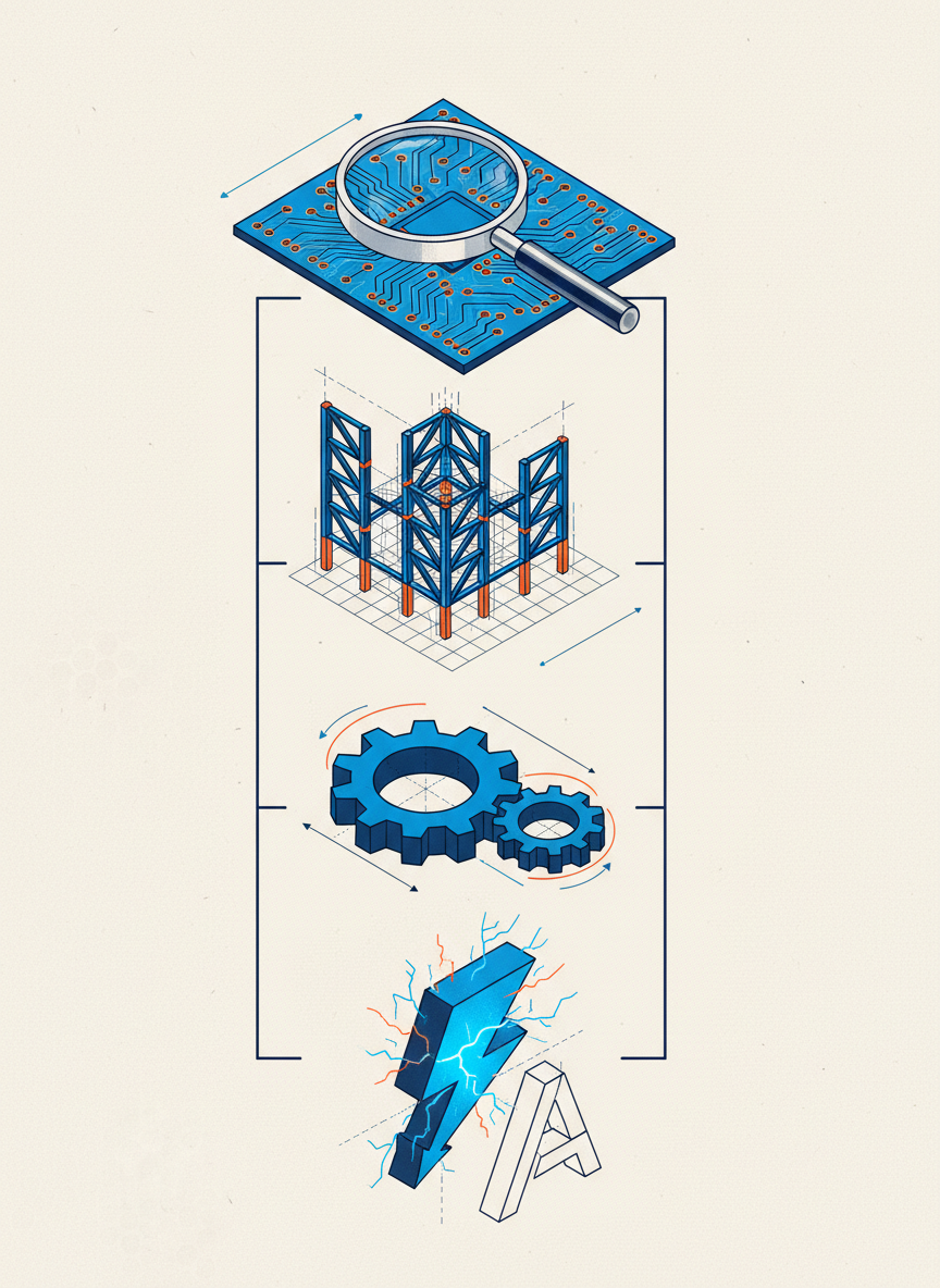 Vertical scaffold diagram showing 4 implementation stages with isometric shapes
