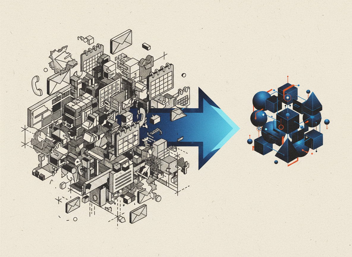 Diagram showing manual business chaos transformed by AI agent into organized flow
