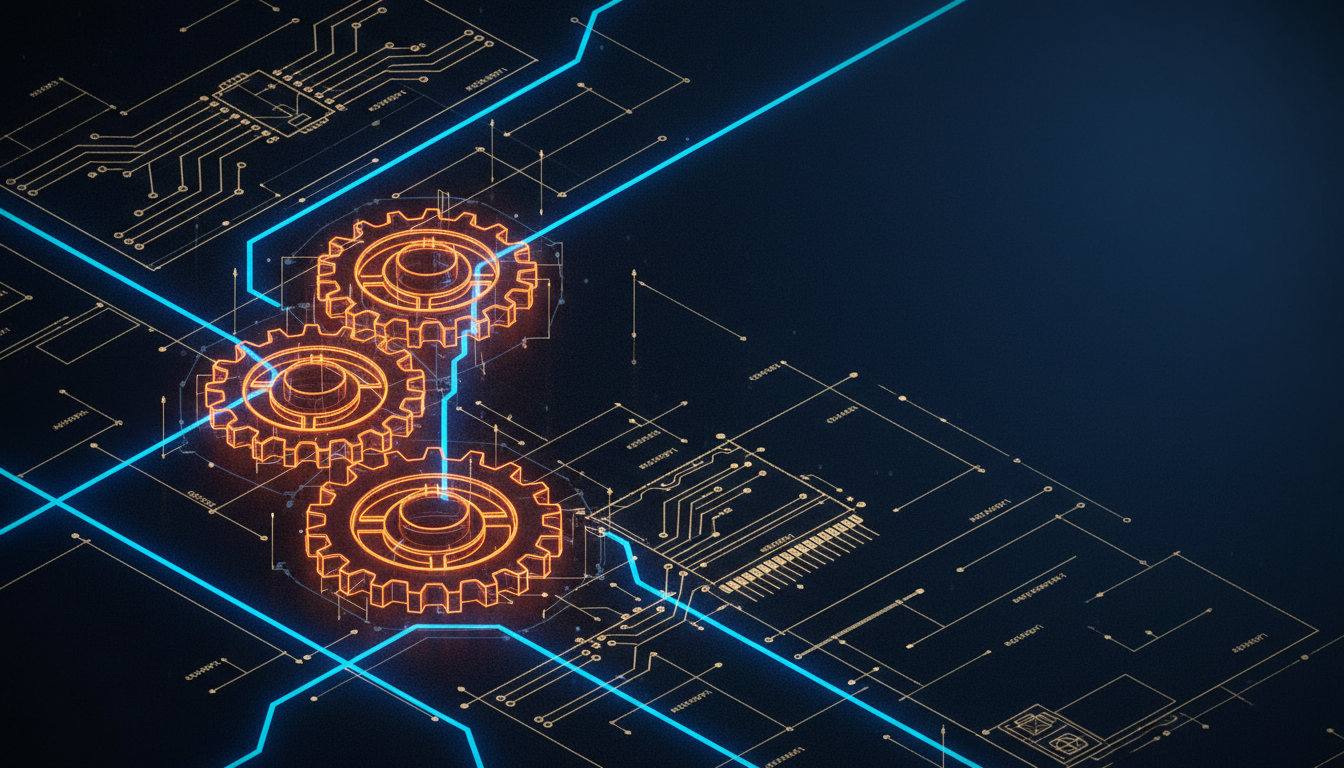 Abstract digital factory - isometric data flows and blueprint overlays